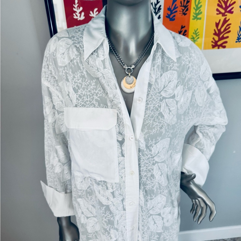 Zara - White Sheer Floral Button-Up Dress/Duster - Sheer Unique Design - Picture 2 of 15